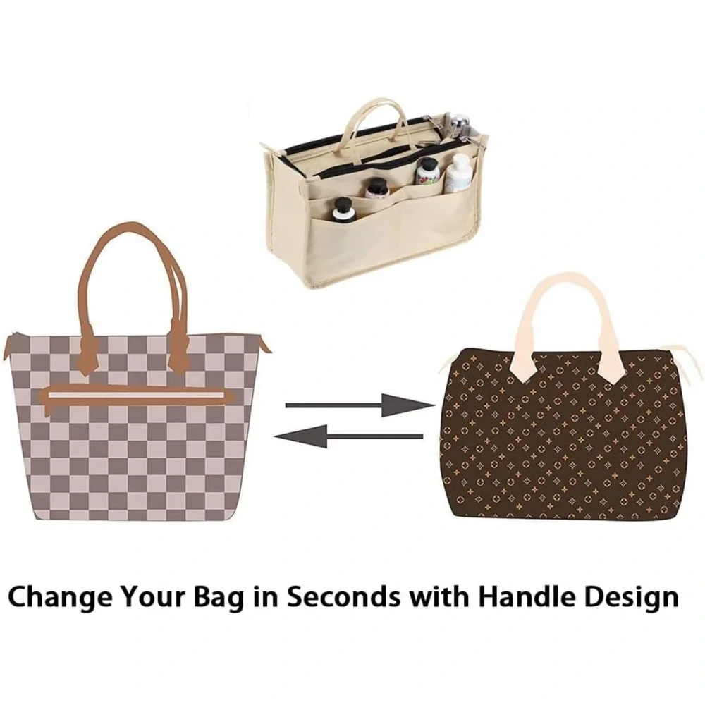 Tan bag insert Organizer with Structured Design and Handle for totes and purses